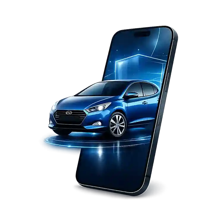 Celular exibindo um carro azul protegido por um escudo digital, representando o atendimento tecnológico e suporte da D2M Consultoria para associados APVS.